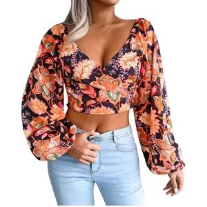 Goddess Women Long Lantern Sleeve Deep V Neck Blouses Chiffon Ruched Tops Stylis